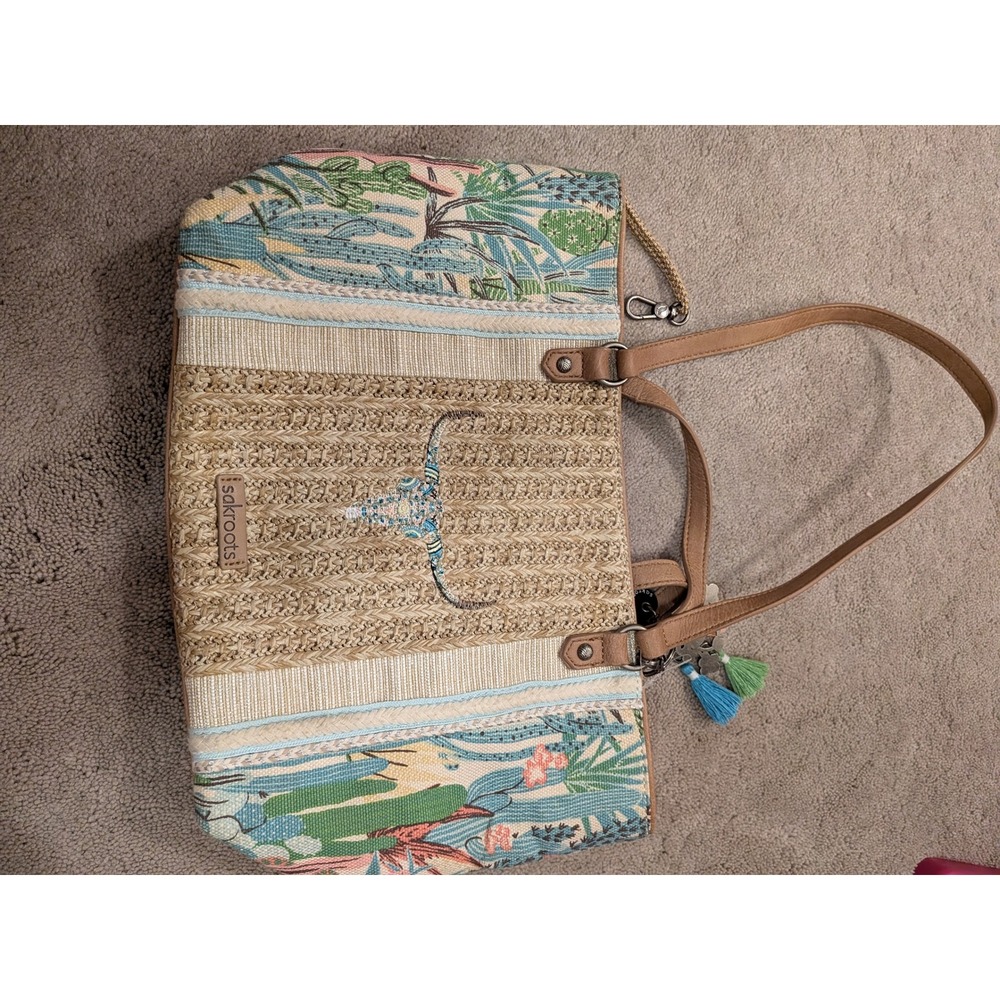 Sakroots Desert Cactus Straw Canvas Tote Bag Longhorn Skull Western with Pouch
